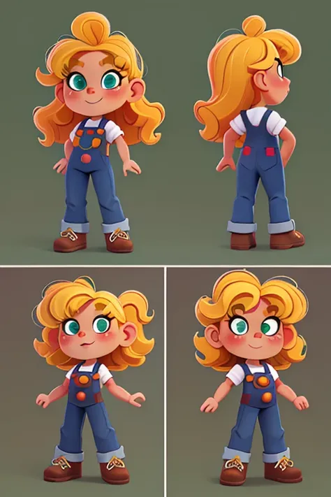 character sheet, several angles and postures, several face expressions, 2 year old girl, blond curly hair, green eyes, overall j...