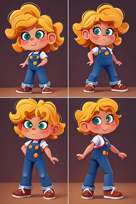 character sheet, several angles and postures, several face expressions, 2 year old girl, blond curly hair, green eyes, overall j...