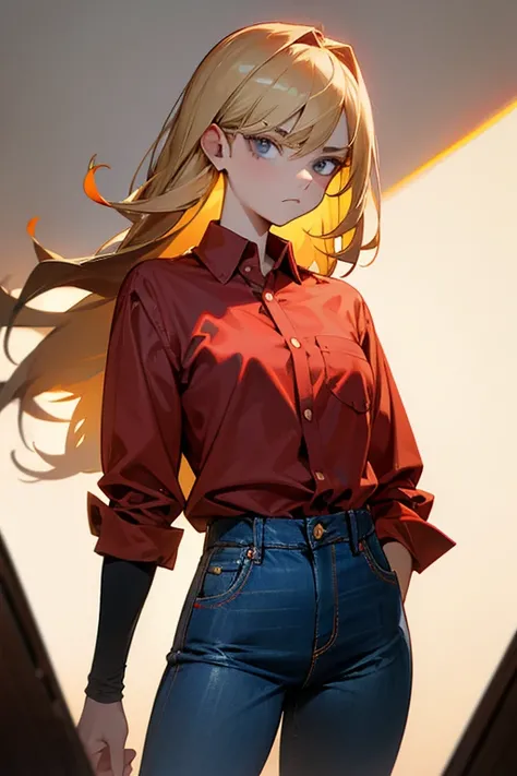 One woman, straight faced, shoulder length blonde, dark grey eyes, red button down shirt and jeans.
