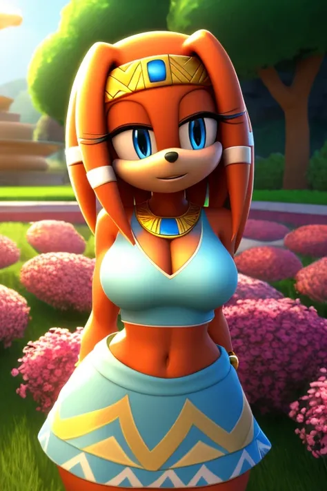 Masterpiece, high quality, studio quality, intricate details, 4k, 1girl, solo, Tikal the Echidna, dress, flower garden, eyes open, blue eyes, big breasts, midriff