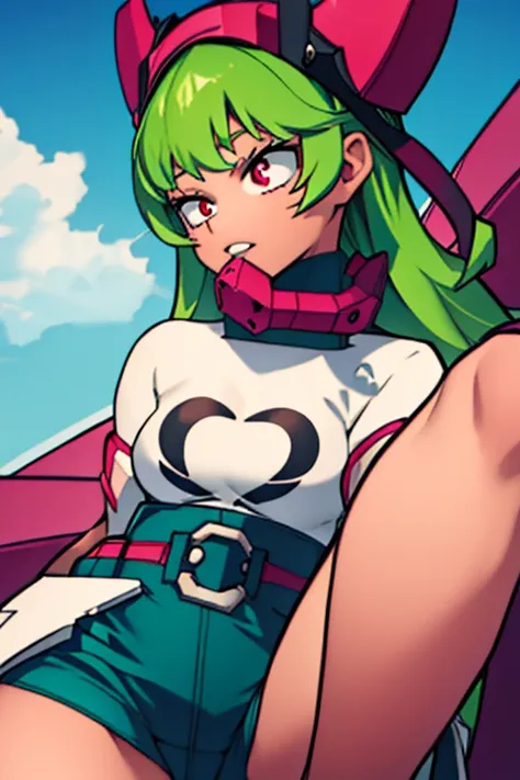 Teenage girl with short wavy pastel green hair, big red eyes, full lips, soft skin, hard gaze, with a hero aura.