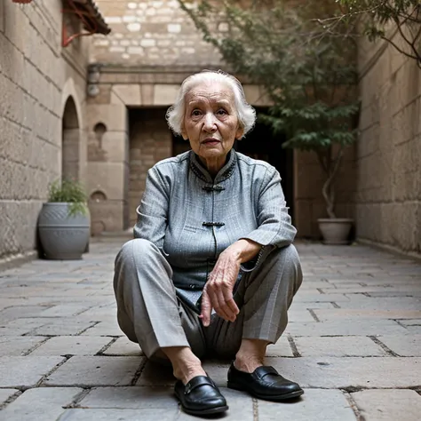 A Chinese hunchbacked old mother sitting in the courtyard of a quadrangle，90 years old，（（without make-up）），(( No lipstick )), Dry face with wrinkles，，Dry skin，Wearing 60s Chinese suits with light color patterns，Black trousers，Chinese shoes，Outdoor Backgrou...