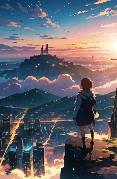 anime - style painting of a woman standing on a cliff overlooking a city, anime sky, detailed scenery —width 672, anime art wallpaper 4 k, anime art wallpaper 4k, beautiful anime scenery, anime art wallpaper 8 k, anime landscape wallpaper, anime wallpaper ...