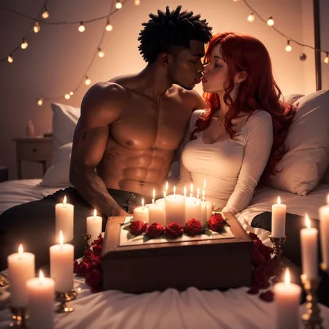 A red-haired woman and a black man are in love in their bedroom, with the lights off while a bunch of candles light their way. Roses are scattered on the bed as they kiss passionately on Valentines Day