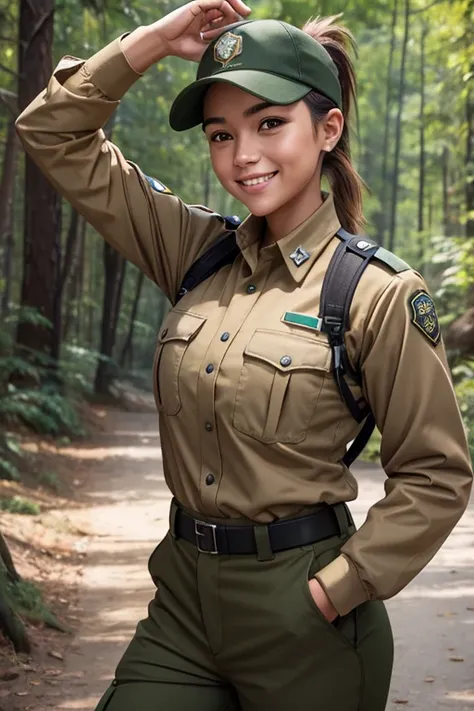 young smiling female national park ranger in natural colored uniform and outdoor pants, brown ponytail, holding a detailed realistic rat