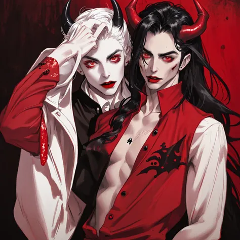 Vampire Man, White skin, black long hair, small red horns, Lower lip piercing, red vintage shirt