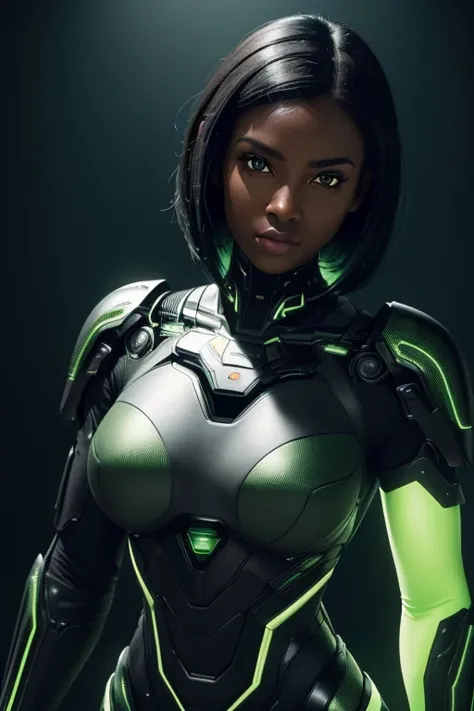 (best quality,4k,8k,highres,masterpiece:1.2), ultra-detailed, (realistic,photorealistic,photo-realistic:1.37), dark-skinned female cyborg, black hair, cut hair, black and green outfit, vibrant colors, glowing lights, futuristic concept art, metallic textur...