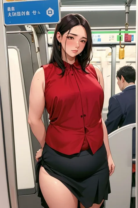 (dark madder red blouse,sleeveless,arms-baring:1.3),sideshot,from behind,(naughty undies:1.2),black and  long flare skirt,revealing skirt,thick arms,(pov hands on buttocks,groping woman,ass grab,:1.3),single mole on cheek,black hair,voluminous hair,unkempt...