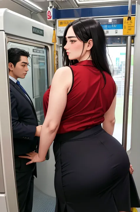 (dark madder red blouse,sleeveless,arms-baring:1.3),sideshot,from behind,(naughty undies:1.2),black and  long flare skirt,thick arms,(pov hands on buttocks,groping woman,pov grabbing her ass:1.3),single mole on cheek,black hair,voluminous hair,unkempt hair...