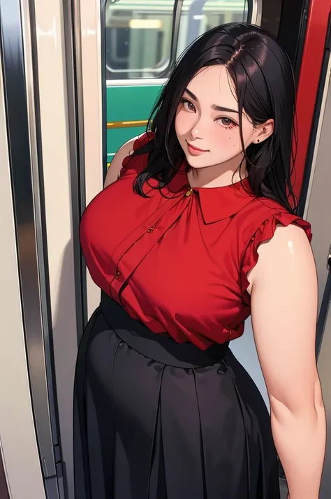 (dark madder red blouse,sleeveless,arms-baring:1.3),look up at viewer,(black and long flare skirt),thick arms,pov,close up,close to viewer,from front and above,single mole on cheek,black hair,voluminous hair,unkempt hair,plump tall woman,aroused, blushed a...