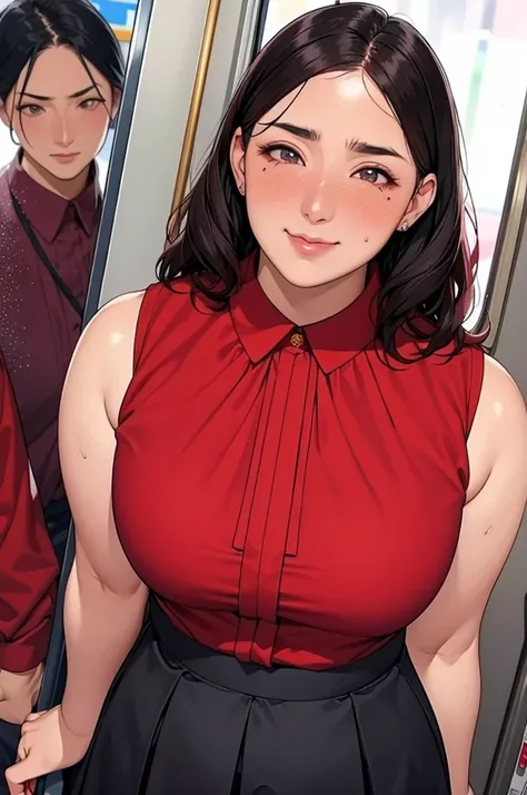 (dark madder red blouse,sleeveless,arms-baring:1.3),look up at viewer,(black and long flare skirt),thick arms,pov,close up,close to viewer,from front and above,single mole on cheek,black hair,voluminous hair,unkempt hair,plump tall woman,aroused,(blushed:1...