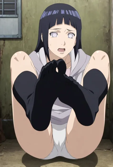 Hinata Hyuga, white underwear, feet up, spreading legs, wearing black boots