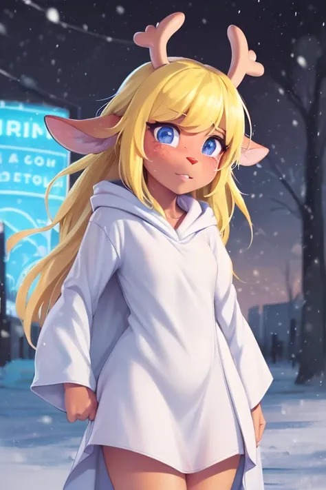 (noelle, furry female anthro, blonde hair, deer girl, red deer nose, white eyes, white pupils, white robe, hooded robe, midriff), sad, outstretched arms, green neon city, snowing arms up, crying