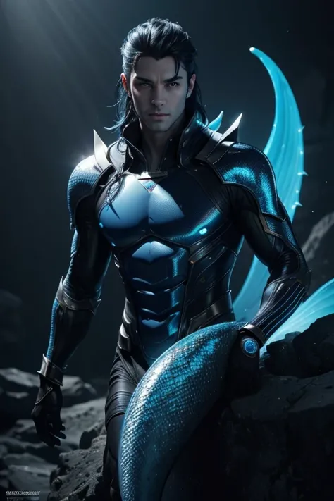 (best quality,4k,8k,highres,masterpiece:1.2), ultra-detailed, (realistic,photorealistic,photo-realistic:1.37), blue skinned male, alien, scales, trident, black hair, medio hair, blue outfit, vibrant colors, glowing lights, futuristic concept art, metallic ...