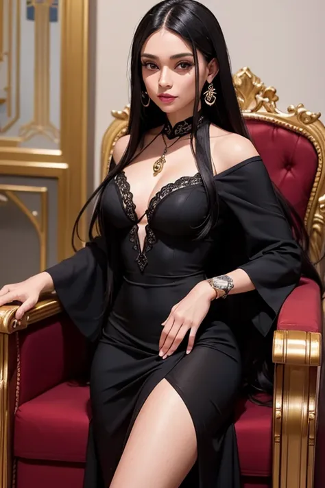 linda de pele branca olhos azuis cabelo preto liso comprido gostosa de vestido sex sentada em um trono de luxo