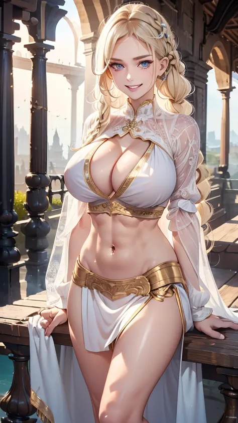 highest quality, high resolution, masterpiece:1.3, epic realistic:2.5, blonde long hair,  detailed eyes:0.8, smile, perfect face, slender, smile showing teeth, crop top, abs, exposed belly, huge breast:1.5, navel piercing, long light hair:1.3, full body, d...