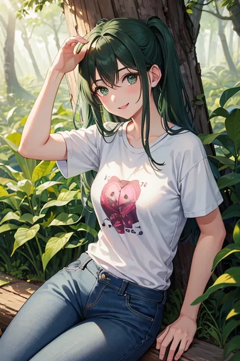 1 girl, (cabelo castanhos), (camiseta verde), jeans, athletic, (assas de fada), fada tem assas, assas cor-de-rosa, assas nas costas, olhos verdes, Scenery in the forests, cabelos longo lisos, olhando para o espectador, solo, realista, sorrindo, (obra-prima...