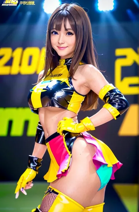 One woman standing solo, /(Grid Girls/) /(Yellow costume with logo/) mini skirt, Mature Woman, /(Brown Hair/) bangs, A gentle blushing smile, (Masterpiece of the highest quality:1.2) Delicate illustrations, super detailed, Large Breasts, Thigh High Boots B...