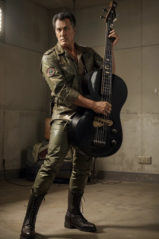 a Photorealistic wide shot of actor Bruce Campbell as his character Ash Williams hanging from the bottom of a helicopter with one and and holding a bass guitar with the other hand, wearing an army uniform from the 1950’s Korean War era with black boots