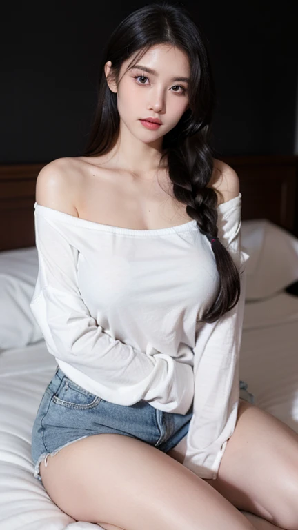 Cool beauty，Looks sweet，bob haistyle, (wearing white oversize t-shirt, off-shoulders), show clavage, show big thigh, plump body, huge breast, full body photo, sitting on the bed. Dark background.
