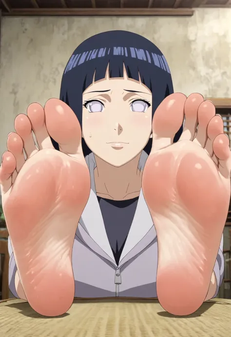 hinata hyuga, 2 feet, 5 toes, correct feet anatomy, soles facing viewer, focus on soles