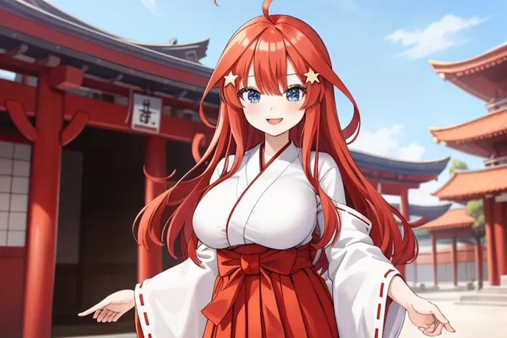 2d, masterpiece, best quality, anime, highly detailed, 5 girl, photo of 5 girl, quintuplets, nakano itsuki, red hair, long hair, star hair ornament, ahoge, huge breasts, standing, miko, white hakama with red hakama, outdoors, smile, temple, 