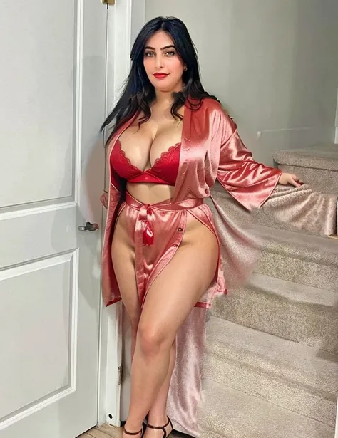 Short red robe, cleavage, curvy, large breast size