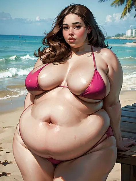 Beautiful woman, big cheeks, bikini, Big lips, double chin, chubby body,bbw, morbidly obese, fat rolls, pregnant belly, weight gain, beach