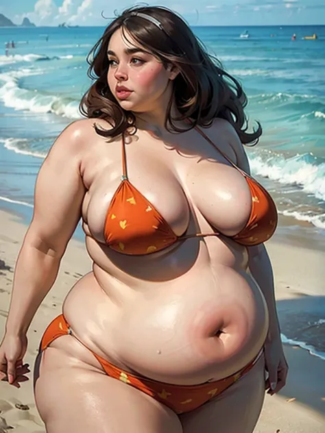 Beautiful woman, big cheeks, bikini, Big lips, double chin, chubby body,bbw, morbidly obese, fat rolls, pregnant belly, weight gain, beach