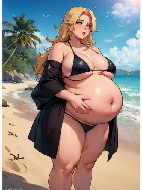 Tsunade, big cheeks, bikini, Big lips, double chin, chubby body,bbw, morbidly obese, fat rolls, pregnant belly, weight gain, beach