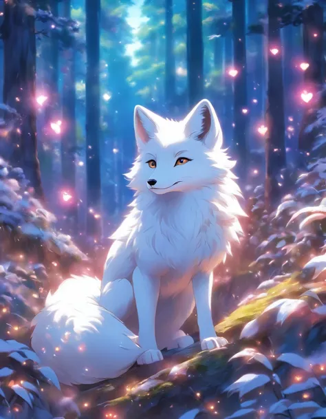 In a mysterious forest, a snow-white fox cruises gracefully, his fur shimmers silvery white, and his eyes reveal wisdom and mystery. It is best to depict a side border facing the line of sight, and he loves artistic style and infectious images. very detail...