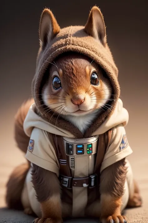 (best quality,ultra-detailed,realistic,photorealistic:1.37),furry squirrel wearing a Star Wars Jedi uniform,adorable,soft,fuzzy,playful,expressive brown eyes,small and rounded body,tiny paws,detailed Jedi robe with brown fabric and hood,lightsaber,light si...