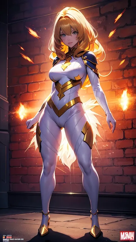 masterpiece,8k,1 girl,american comics heroine:kamen america,ultra large brest,golden shyny hair,very proportion,tyte west,body fitting transparent sparking mini white costume,standing battle formation,wall street,dynamic action pose,full body,magazine cove...