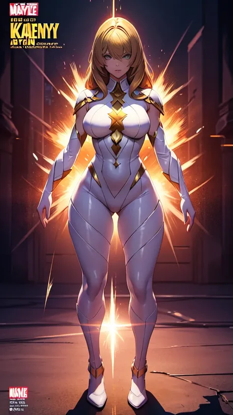 masterpiece,8k,1 girl,american comics heroine:kamen america,ultra large brest,golden shyny hair,very proportion,tyte west,body fitting transparent sparking mini white costume,standing battle formation,wall street,dynamic action pose,full body,magazine cove...