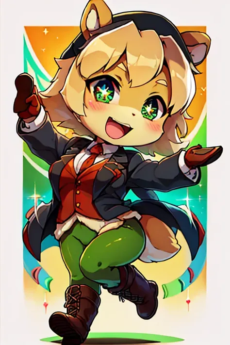 boy, green tights squirrel, furry, bodyfur, blazer, bottomless, gloves, boots, chibi, sparkling eyes, idol, dancing, singing