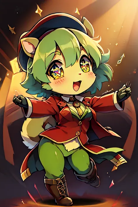 boy, green tights squirrel, furry, bodyfur, blazer, bottomless, gloves, boots, chibi, sparkling eyes, idol, dancing, singing