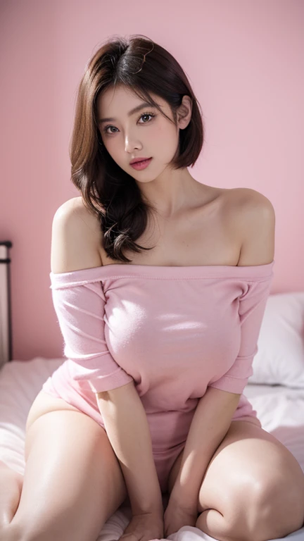 Cool beauty，Looks sweet，bob haistyle, (wearing pink oversize t-shirt, off-shoulders), show clavage, show big thigh, plump body, huge breast, full body photo, sitting on the bed. Dark background.
