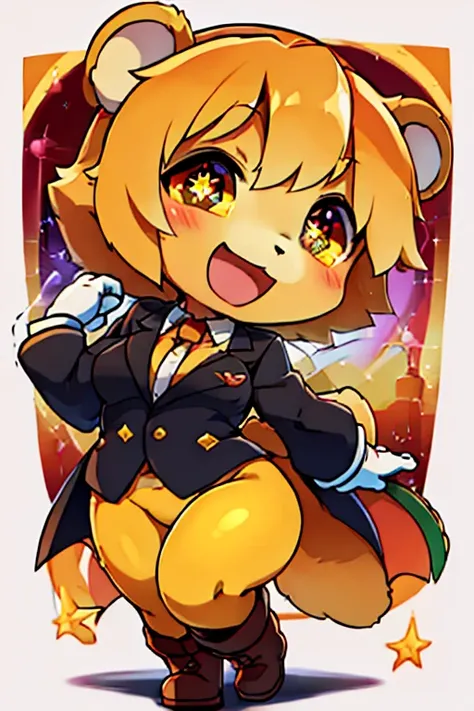 boy, yellow tights bear, furry, bodyfur, tail, blazer, bottomless, gloves, boots, chibi, sparkling eyes, idol, dancing, singing