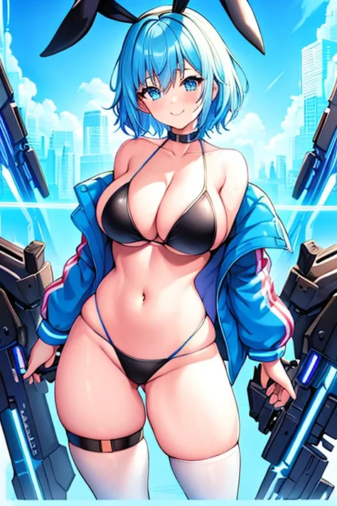 1girl, large breasts, breasts, thick thighs, hourglass figure, toned, smile, light smile, blue hair, light blue hair, blue eyes, very short hair, pixie cut, thighhighs, bikini, black bikini, jacket, black jacket, open jacket, neon trim, neon, neon lights, ...