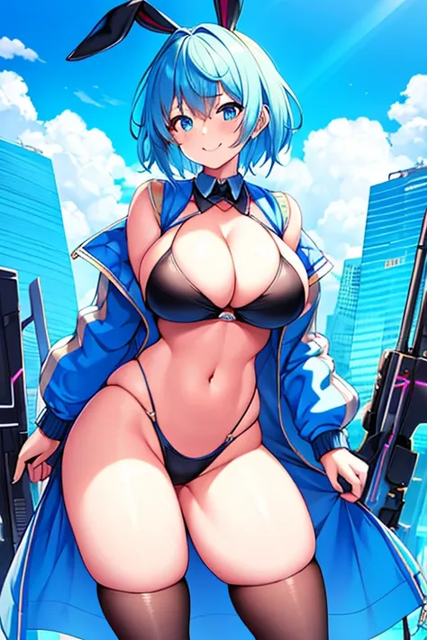 1girl, large breasts, breasts, thick thighs, hourglass figure, toned, smile, light smile, blue hair, light blue hair, blue eyes, very short hair, pixie cut, thighhighs, bikini, black bikini, jacket, black jacket, open jacket, neon trim, neon, neon lights, ...