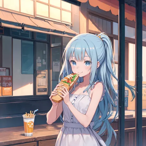 Anime girl with blue hair and a white dress eating a sandwich、16-year-old girl、alone、Anime style painting、Cowboy Shot、smile、Green and orange tones、Silver Hair, (Sparkling blue eyes)、Eating French Fries、Golden Hour Sky、terrace