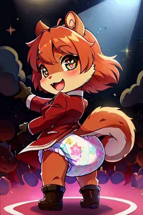 boy, squirrel, furry, bodyfur, blazer, bottomless, diaper, gloves, boots, chibi, sparkling eyes, idol, dancing, singing, looking back