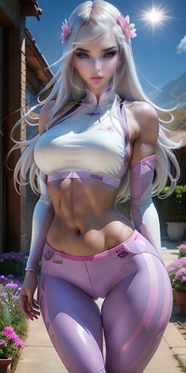 1 girl, Gray Hair, iris, Shining Eyes, Baby pink sports bra, baby pink leggings, Beautiful smile､Realistic, blush, night, Flowers, sun, sunlight, masterpiece, 最high quality, high quality, high qualityの美しい胸, Long legs, Thighs, Slim figure, baby pink 全て, All...