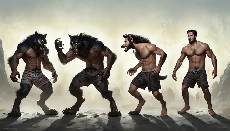 Transformation sequence of human male transforming into a werewolf, standing, concept art, sequence, human to anthro, boxers