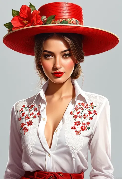 crea una mujer con sombrero elegante rojo  ,con camisa de flores, obra maestra, estilo ilustracion de Ali Erturk, alto detalle, hiperrealista, luz natural,ilustracion , colores llamativos
