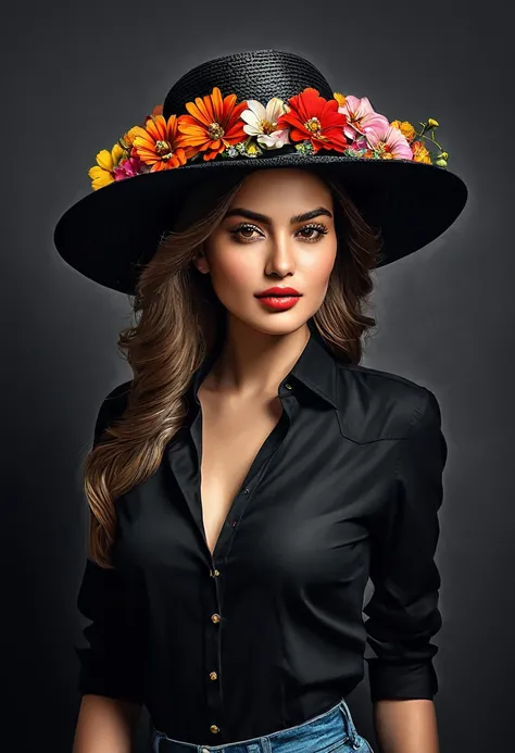 crea una mujer con sombrero elegante negro ,con camisa de flores, obra maestra, estilo ilustracion de Ali Erturk, alto detalle, hiperrealista, luz natural,ilustracion , colores llamativos
