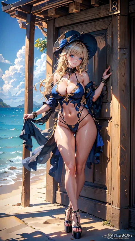 ((masterpiece, high resolution, better quality, better details)), (anime), one woman on the beach standing, ((toothy smile)), ((royal blue micro bikini with gold and black details)), ((thong bikini)), cleavage, platform high heels, black neck choker, large...