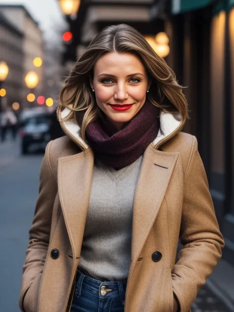 Cameron Diaz、(masterpiece:1.0), (Highest_quality:1.2), (Dark Shot:1.3), Classic Rogue, 1991 Rogue X-Men, 1 girl, Only 1, Head to Toe, standing on street corner, Elegant pose, (clothing: Brown winter coat, Brown color hood, Down lining, White scarf, gloves,...