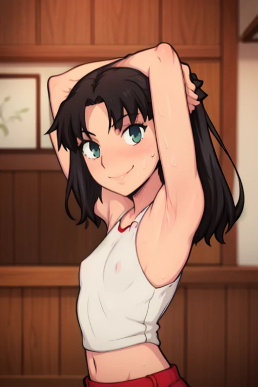 masterpiece, best quality, looking at viewer, upper body, portrait, looking at viewer, seductive smile, put your hands behind your head, armpits, armpits visible, sweaty armpits, tohsaka rin, very small breasts, long black hair, wearing red croptop outfit,...