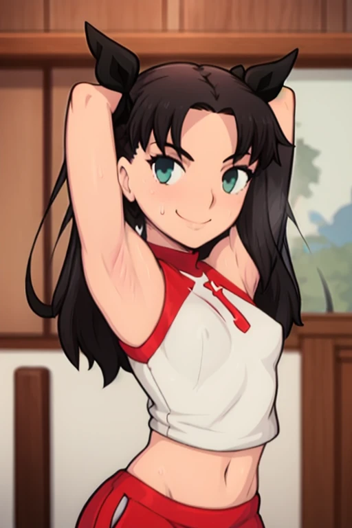 masterpiece, best quality, looking at viewer, upper body, portrait, looking at viewer, seductive smile, put your hands behind your head, armpits, armpits visible, sweaty armpits, tohsaka rin, very small breasts, long black hair, wearing red croptop outfit,...